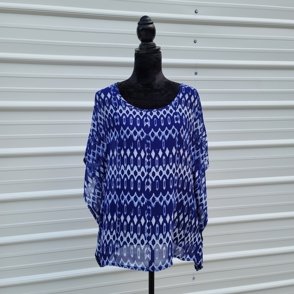 H&M SHEER Peasant BOHO Blouse Shirt Top 4 Small White Blue Kimono Sleeve Ruffle - Picture 9 of 10